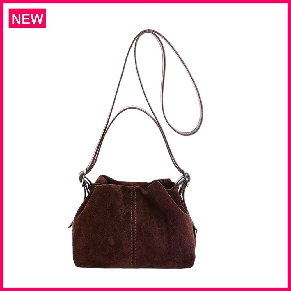 Faux Suede Drawstring Bucket Bag, 3 Straps, Crossbody Shoulder Tote, 7.5x3.1x5.1